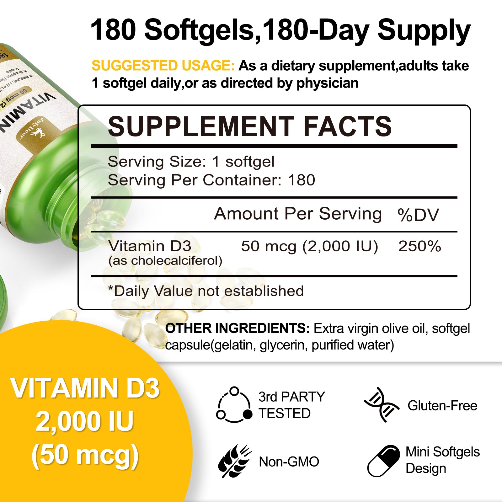 Vitamin D3 2000 IU (50 mcg) 180 Softgels | Supports Immune Health, Calcium Absorption & Bone Strength | Essential for Healthy Bones, Non-GMO, No-Gluten, 1 Serving Per Day for Daily Health