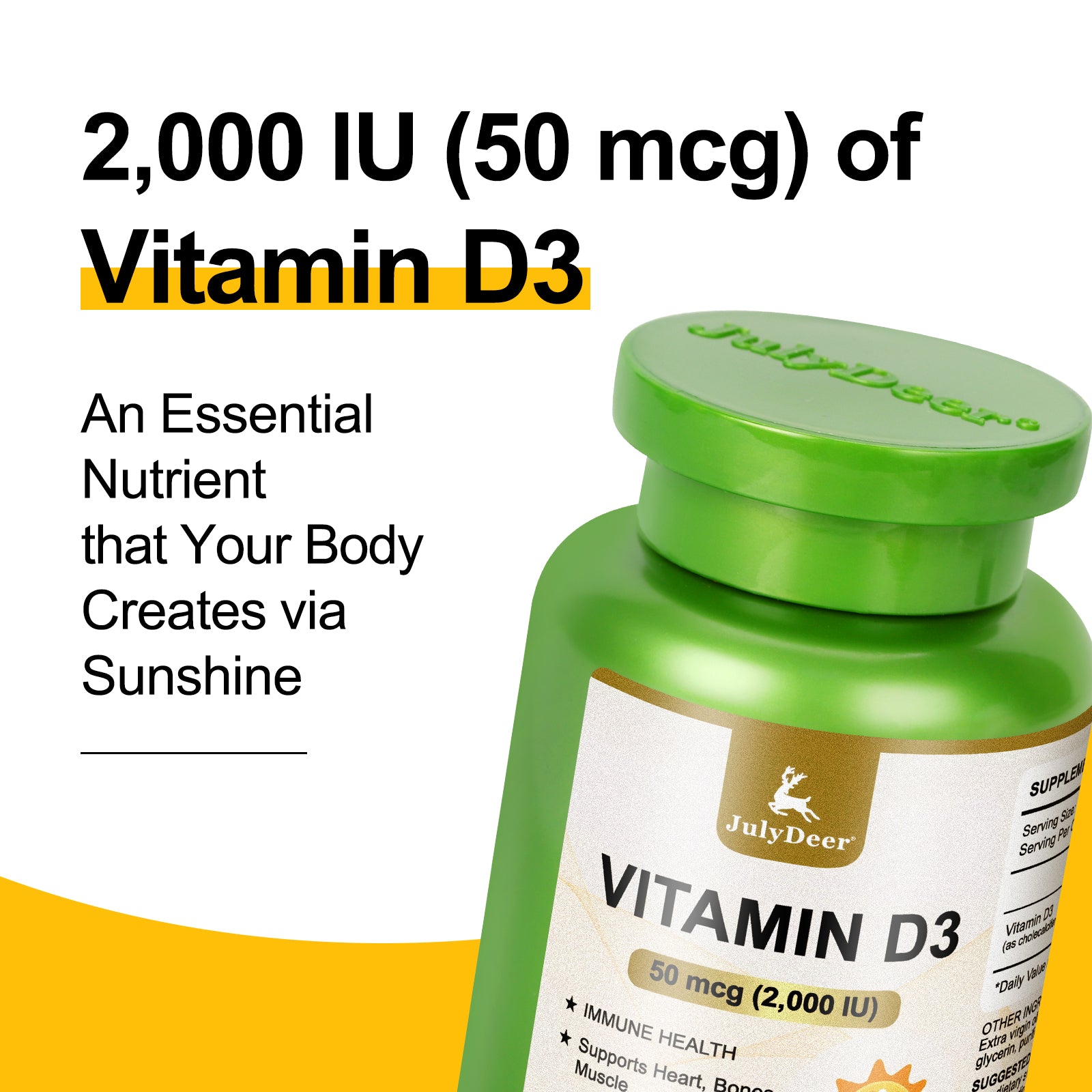 Vitamin D3 2000 IU (50 mcg) 180 Softgels | Supports Immune Health, Calcium Absorption & Bone Strength | Essential for Healthy Bones, Non-GMO, No-Gluten, 1 Serving Per Day for Daily Health