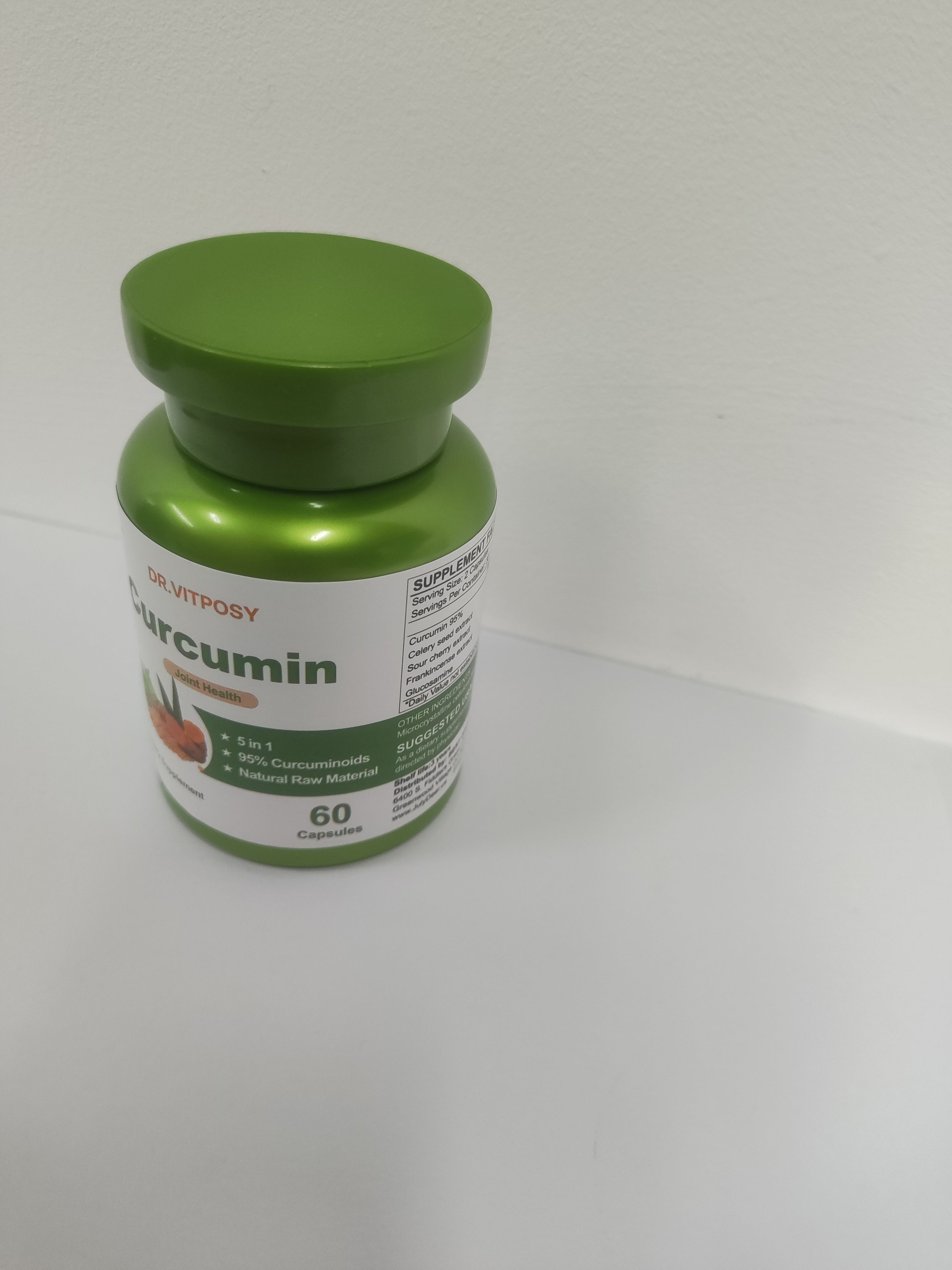 DR.VITPOSY姜黄复合物1瓶装，含芹菜籽、酸樱桃、乳香提取物、葡萄糖胺，95%姜黄素类物质，有助于关节健康
抗氧化和免疫支持--共60粒胶囊