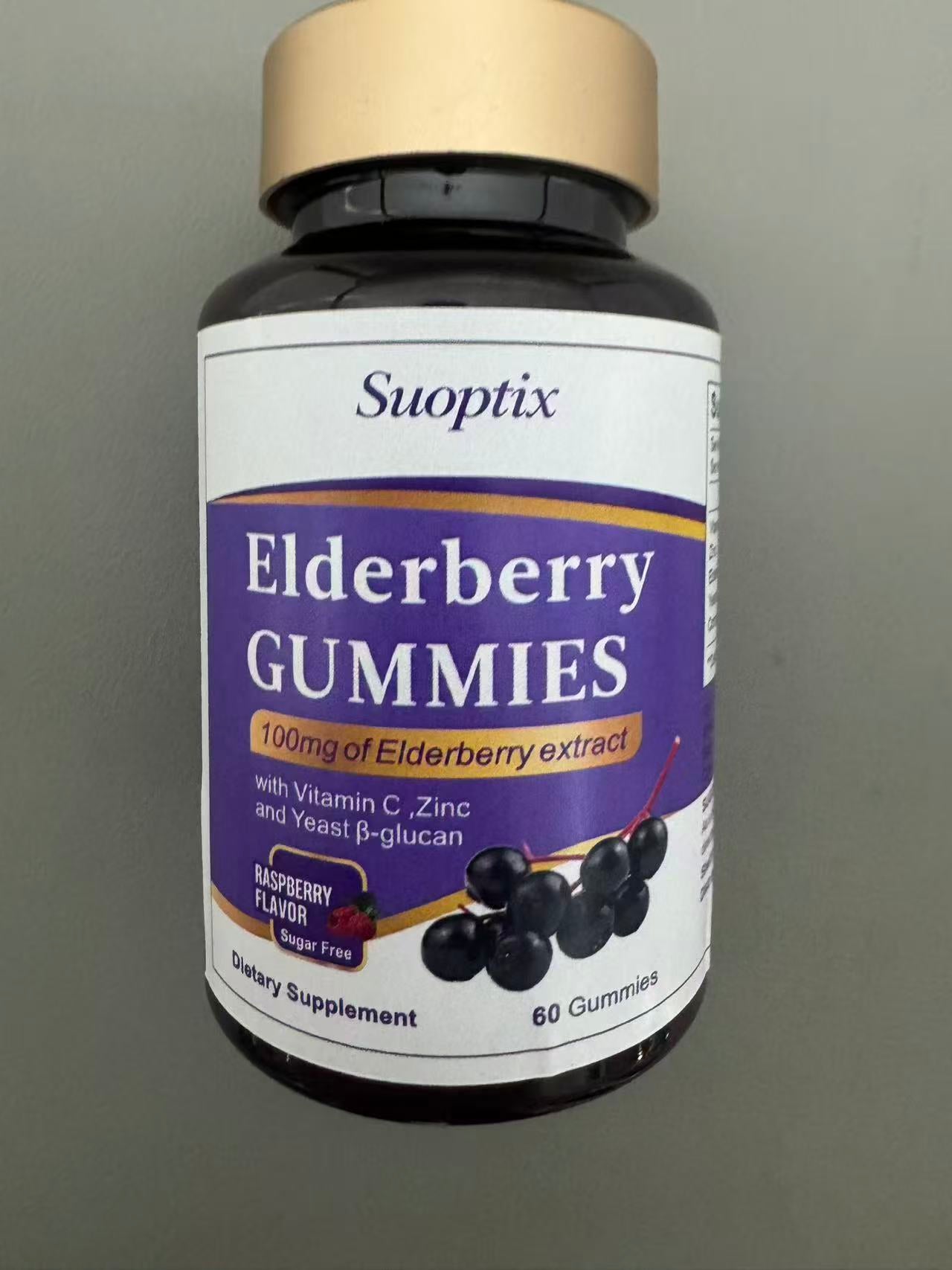 Suoptix Elderberry Gummies | 100mg Elderberry Extract with Vitamin C, Zinc & Yeast β-glucan, Sugar Free Raspberry Flavor, 60 Gummies
