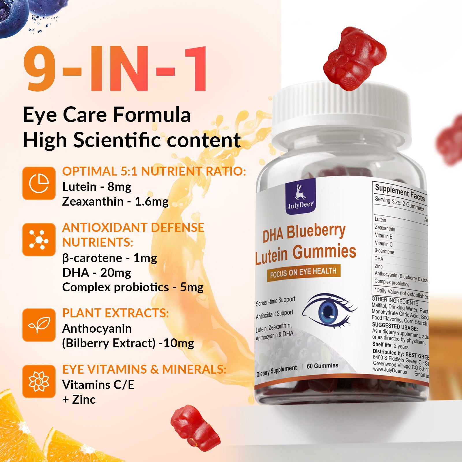 Lutein and Zeaxanthin Gummies Supplements Support Eye Health, 9 in 1 with Vitamin E and C, B-carotene, DHA, Zinc, Anthocyanin (Blueberry Extract), Complex Probiotics, Non-GMO, Gluten Free I 60 Gummies