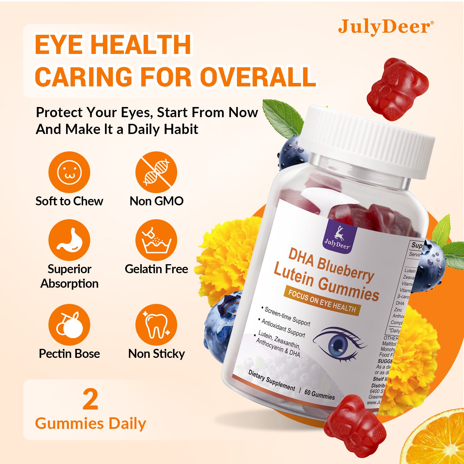 Lutein and Zeaxanthin Gummies Supplements Support Eye Health, 9 in 1 with Vitamin E and C, B-carotene, DHA, Zinc, Anthocyanin (Blueberry Extract), Complex Probiotics, Non-GMO, Gluten Free I 60 Gummies
