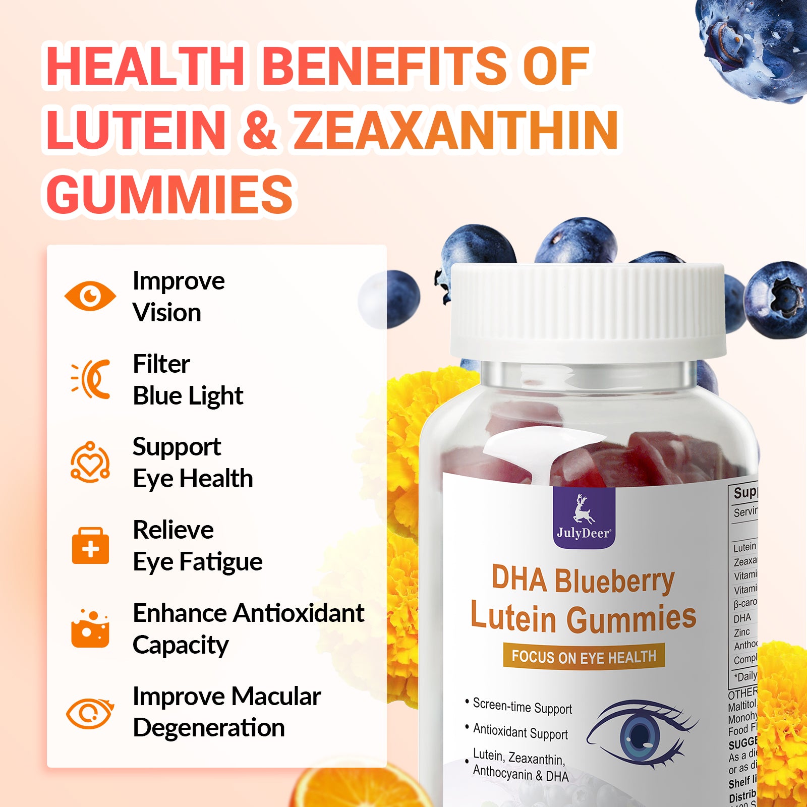 Lutein and Zeaxanthin Gummies Supplements Support Eye Health, 9 in 1 with Vitamin E and C, B-carotene, DHA, Zinc, Anthocyanin (Blueberry Extract), Complex Probiotics, Non-GMO, Gluten Free I 60 Gummies