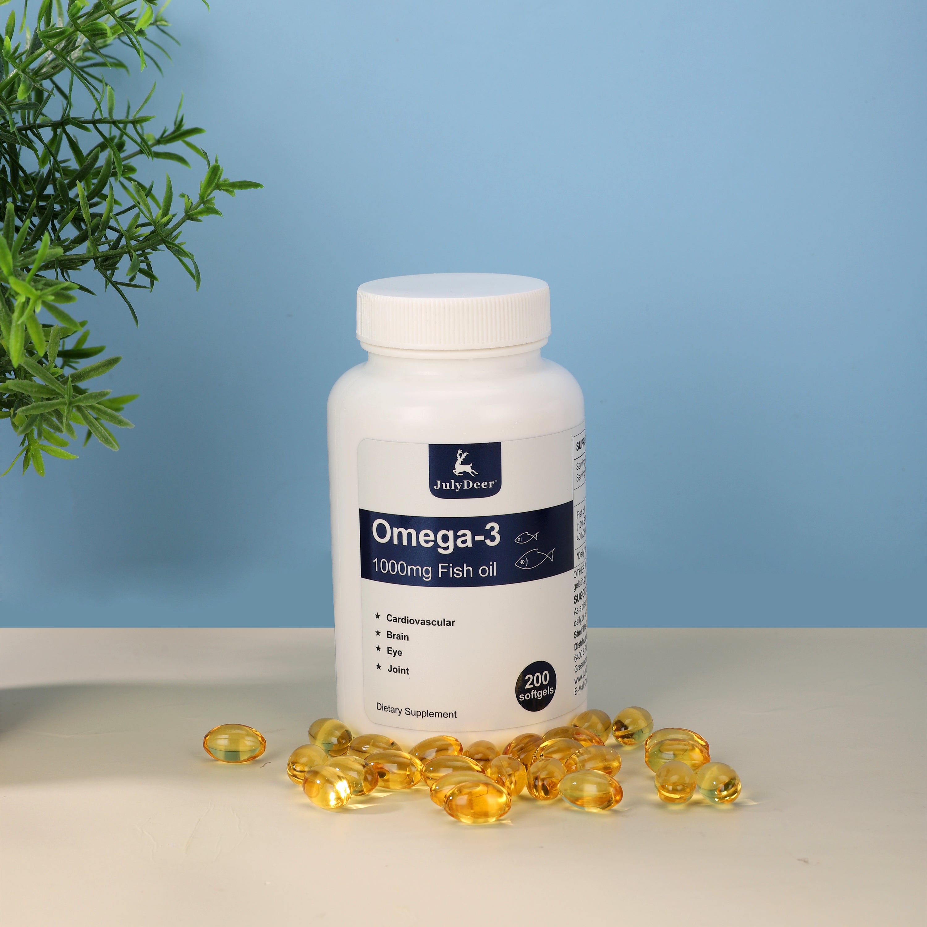JulyDeer 鱼油 200 粒软胶囊，1000 毫克，含 Omega-3，有益于心血管、大脑、眼睛和关节健康