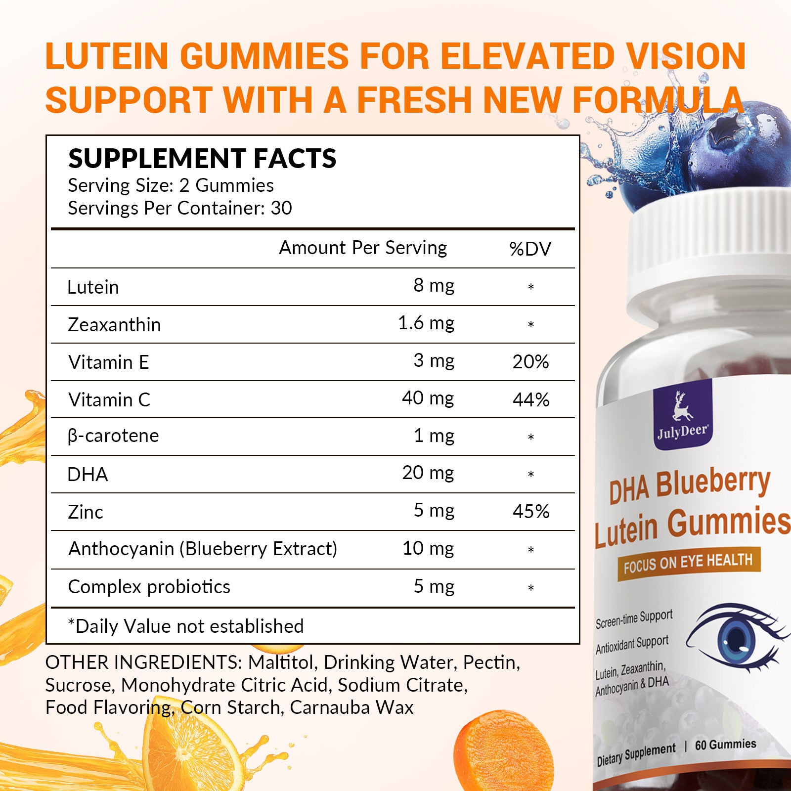 Lutein and Zeaxanthin Gummies Supplements Support Eye Health, 9 in 1 with Vitamin E and C, B-carotene, DHA, Zinc, Anthocyanin (Blueberry Extract), Complex Probiotics, Non-GMO, Gluten Free I 60 Gummies