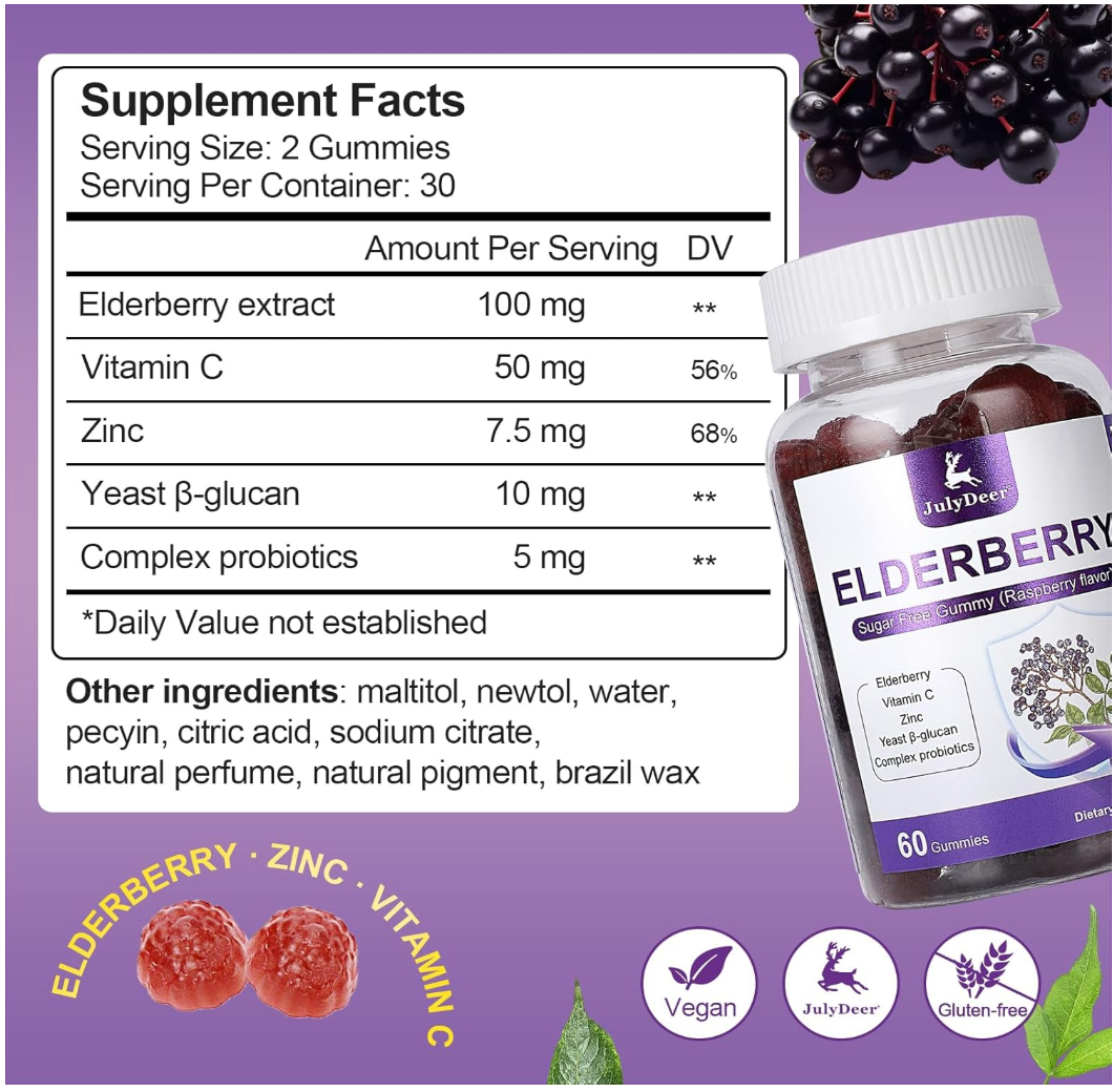 60 Gummies Sambucus Elderberry Gummies - Immune Support for Adults and kids 4+ 5 in 1 with Vitamin C, Zinc, Yeast β-glucan, Probiotics Complex, Nature Elderberry Supplement, Non-GMO, Gluten Free