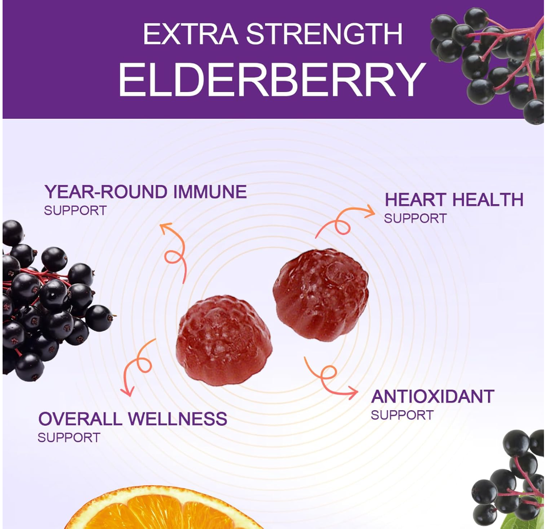 60 Gummies Sambucus Elderberry Gummies - Immune Support for Adults and kids 4+ 5 in 1 with Vitamin C, Zinc, Yeast β-glucan, Probiotics Complex, Nature Elderberry Supplement, Non-GMO, Gluten Free