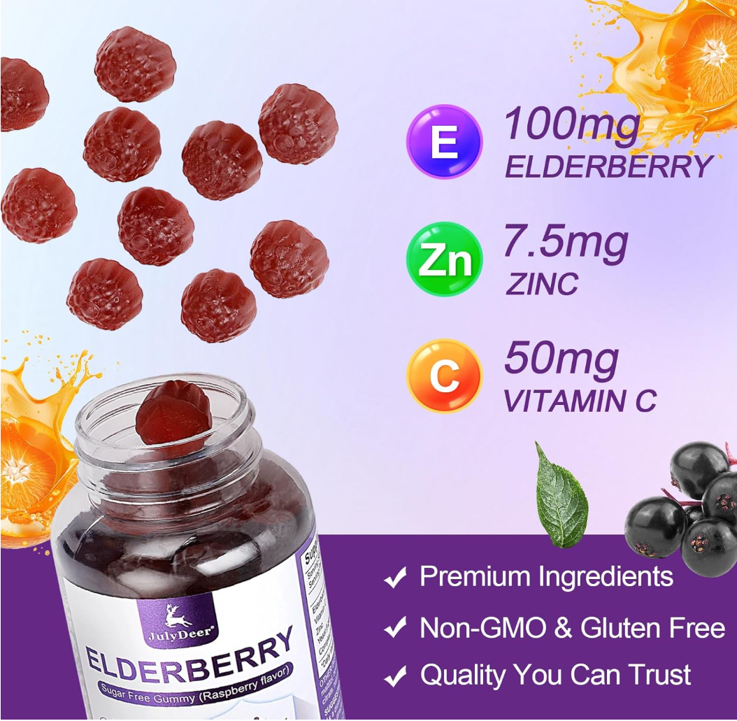 60 Gummies Sambucus Elderberry Gummies - Immune Support for Adults and kids 4+ 5 in 1 with Vitamin C, Zinc, Yeast β-glucan, Probiotics Complex, Nature Elderberry Supplement, Non-GMO, Gluten Free