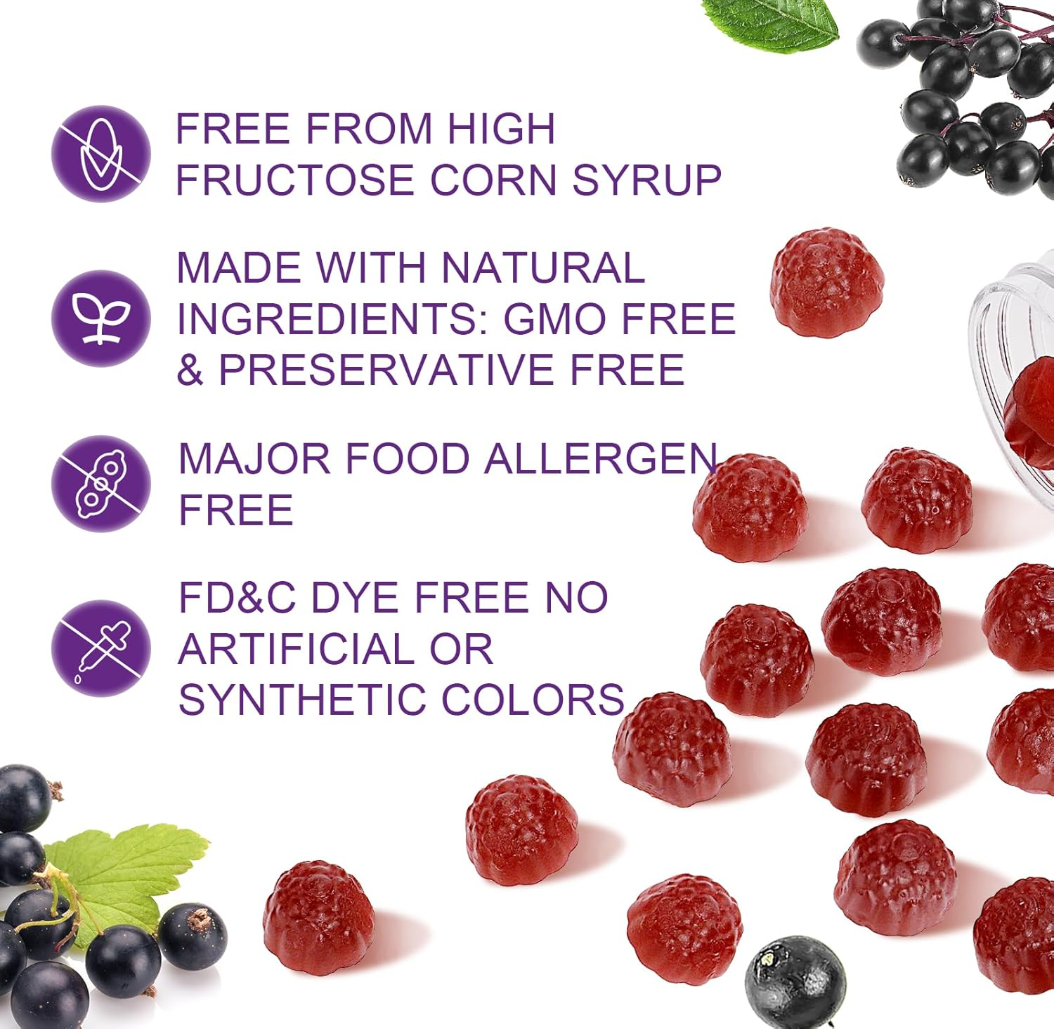 60 Gummies Sambucus Elderberry Gummies - Immune Support for Adults and kids 4+ 5 in 1 with Vitamin C, Zinc, Yeast β-glucan, Probiotics Complex, Nature Elderberry Supplement, Non-GMO, Gluten Free