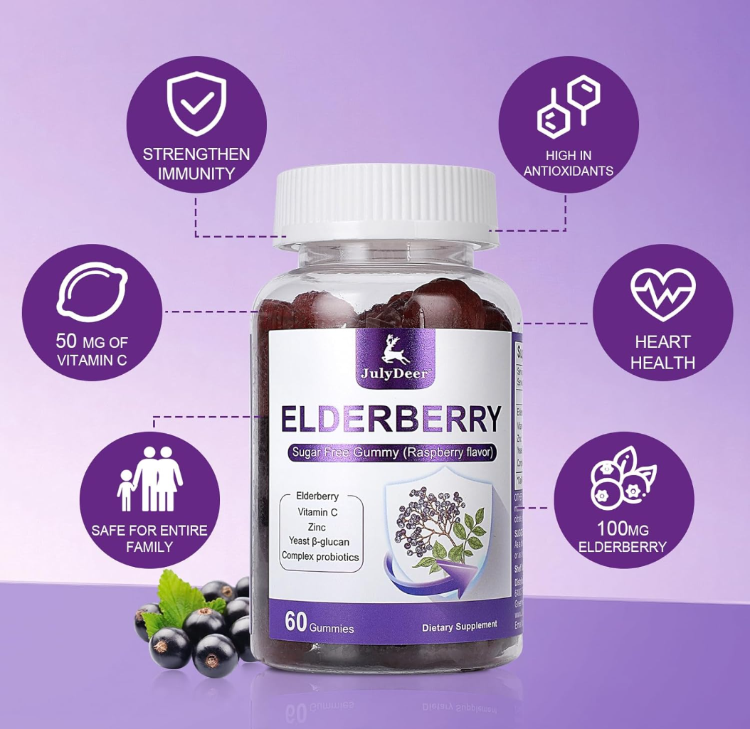 60 Gummies Sambucus Elderberry Gummies - Immune Support for Adults and kids 4+ 5 in 1 with Vitamin C, Zinc, Yeast β-glucan, Probiotics Complex, Nature Elderberry Supplement, Non-GMO, Gluten Free