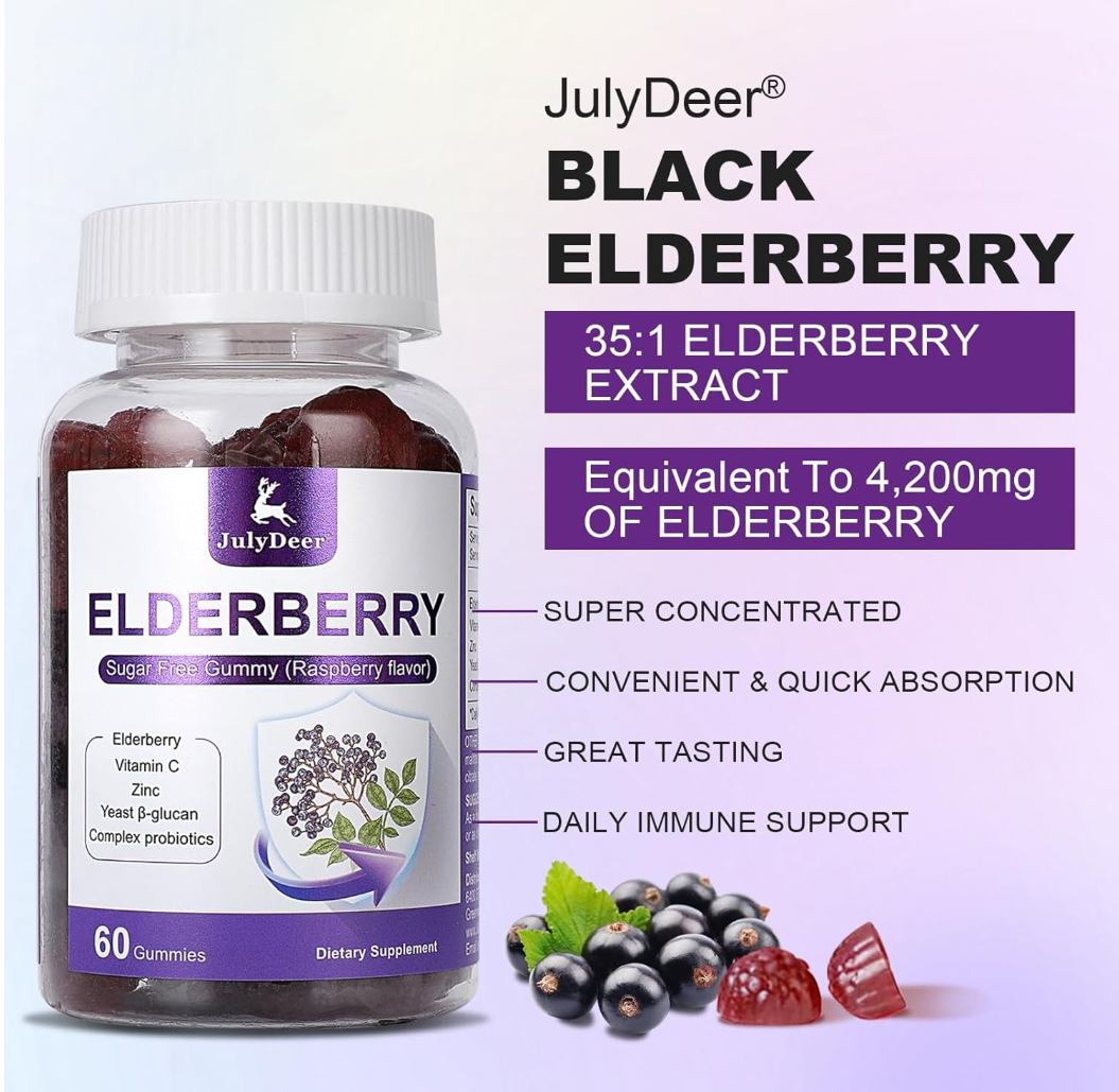 60 Gummies Sambucus Elderberry Gummies - Immune Support for Adults and kids 4+ 5 in 1 with Vitamin C, Zinc, Yeast β-glucan, Probiotics Complex, Nature Elderberry Supplement, Non-GMO, Gluten Free