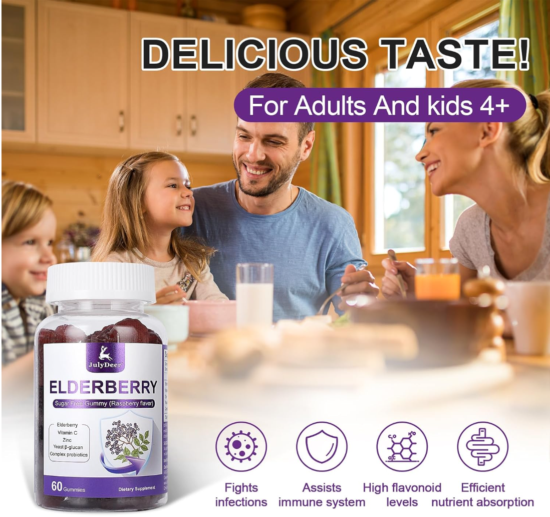 60 Gummies Sambucus Elderberry Gummies - Immune Support for Adults and kids 4+ 5 in 1 with Vitamin C, Zinc, Yeast β-glucan, Probiotics Complex, Nature Elderberry Supplement, Non-GMO, Gluten Free