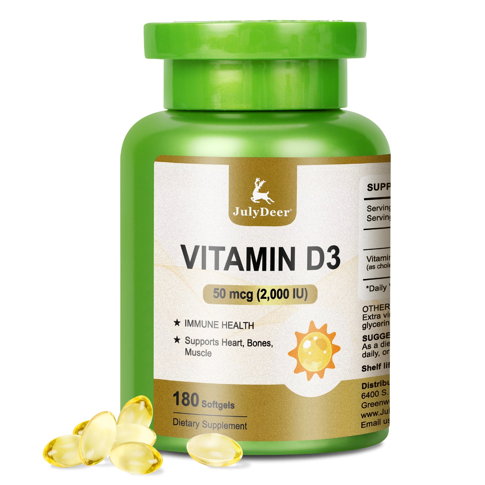 Vitamin D3 2000 IU (50 mcg) 180 Softgels | Supports Immune Health, Calcium Absorption & Bone Strength | Essential for Healthy Bones, Non-GMO, No-Gluten, 1 Serving Per Day for Daily Health