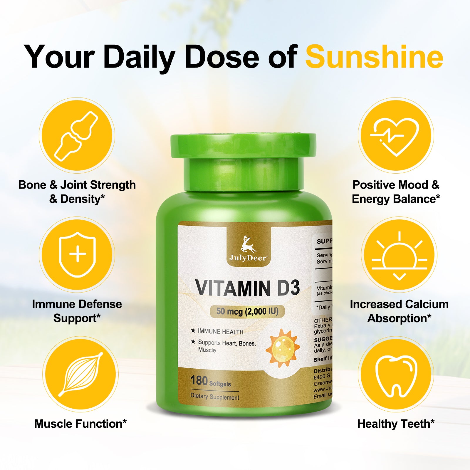 Vitamin D3 2000 IU (50 mcg) 180 Softgels | Supports Immune Health, Calcium Absorption & Bone Strength | Essential for Healthy Bones, Non-GMO, No-Gluten, 1 Serving Per Day for Daily Health