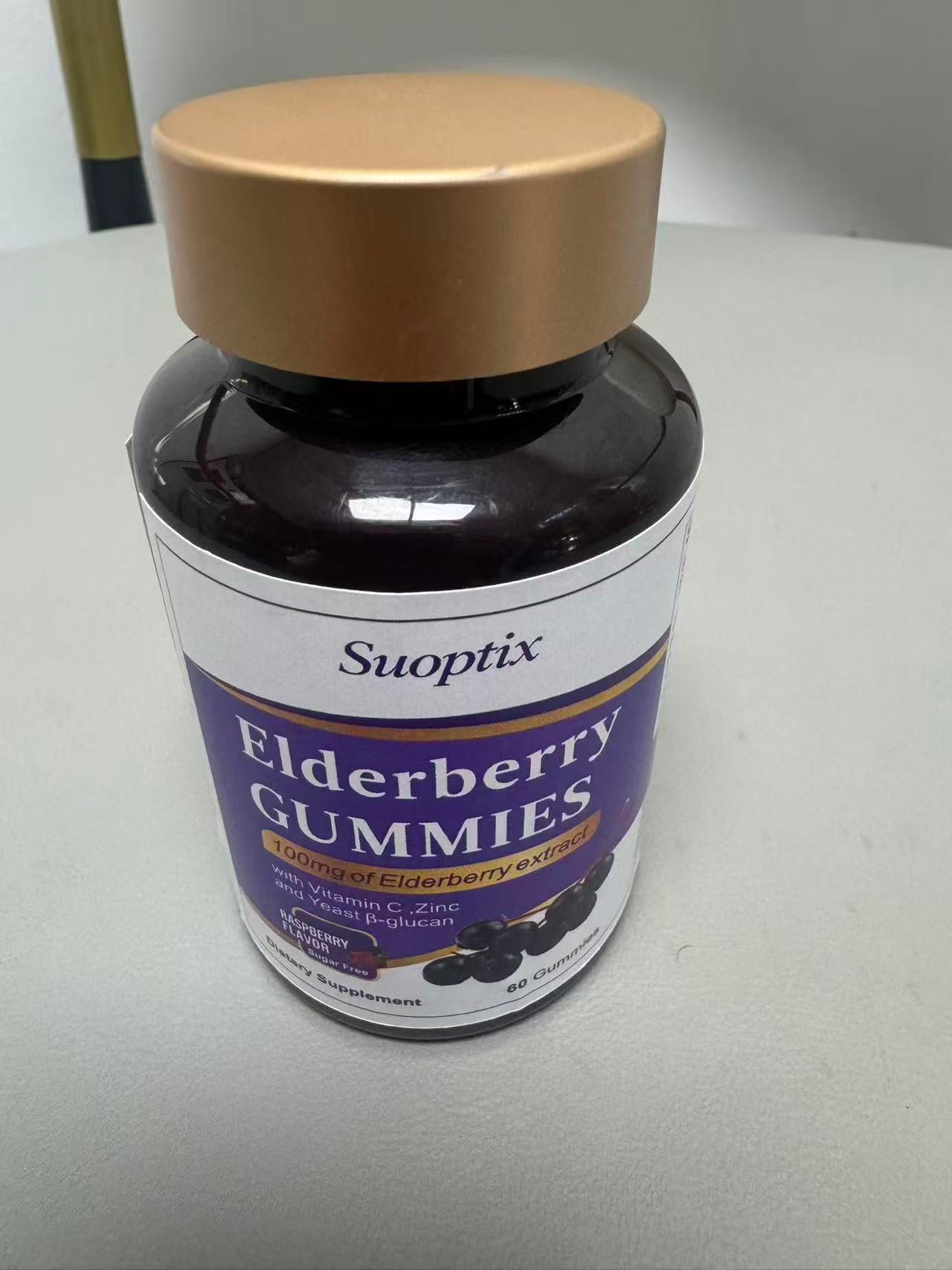 Suoptix Elderberry Gummies | 100mg Elderberry Extract with Vitamin C, Zinc & Yeast β-glucan, Sugar Free Raspberry Flavor, 60 Gummies